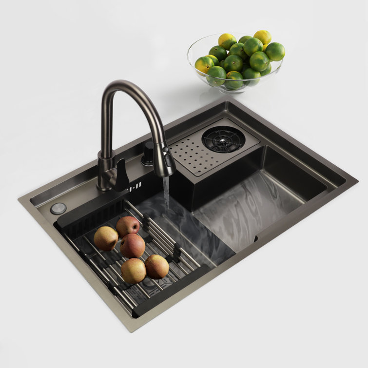 Single Bowl Stainless Steel Kitchen Sink with Drying Basket & Cup Washer &  Faucet